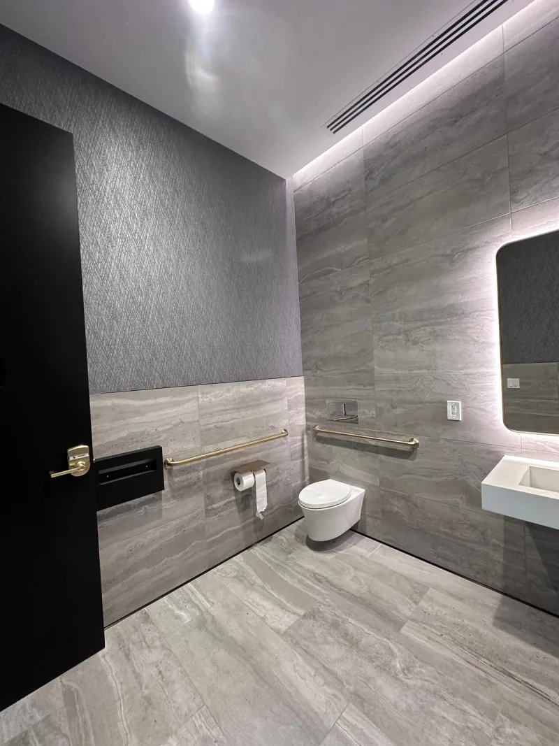 Gray veined rectangular tiles cover the floor and bathroom walls around a wall-hung toilet, grab rails and an illuminated mirror, with a dark textured upper wall.