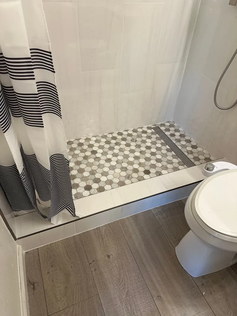 Mixed gray, beige and white hexagonal mosaic in a shower meets pale plank-style flooring across a raised tiled threshold.