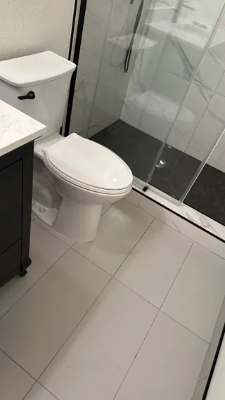 Dark hexagonal shower floor mosaic meets a pale tiled threshold and rectangular bathroom floor beside a toilet.