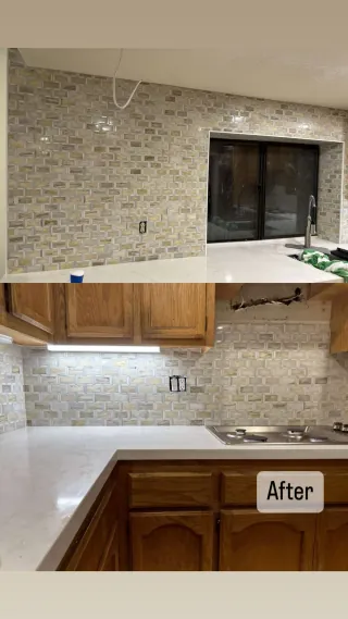 Two views of a cream and gray interlocking rectangular mosaic backsplash around a window and beneath wood cabinets.