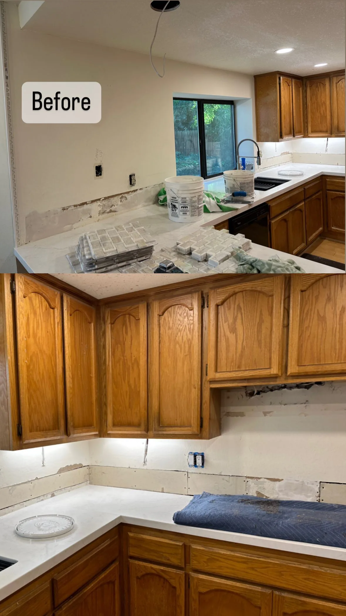 Two views of a kitchen wall before backsplash tile, with wood cabinets, a window and protected counters.